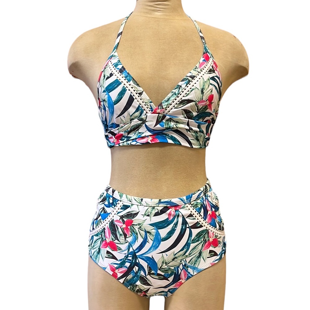 Cupshe White Tropical Floral High-Waist Bikini Set with Pink & Blue Accents